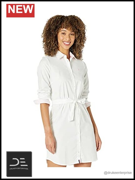Dresses & Skirts - Womens Long Sleeve Stretch Oxford Shirt Dress Tie Waist Button Down
